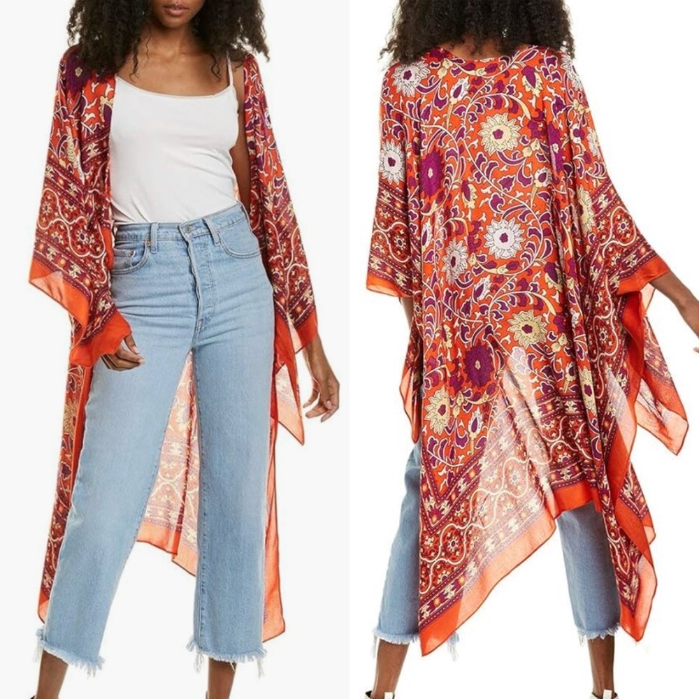 Free People Vibrant Magic Dance Border Print Kimono Robe One Size